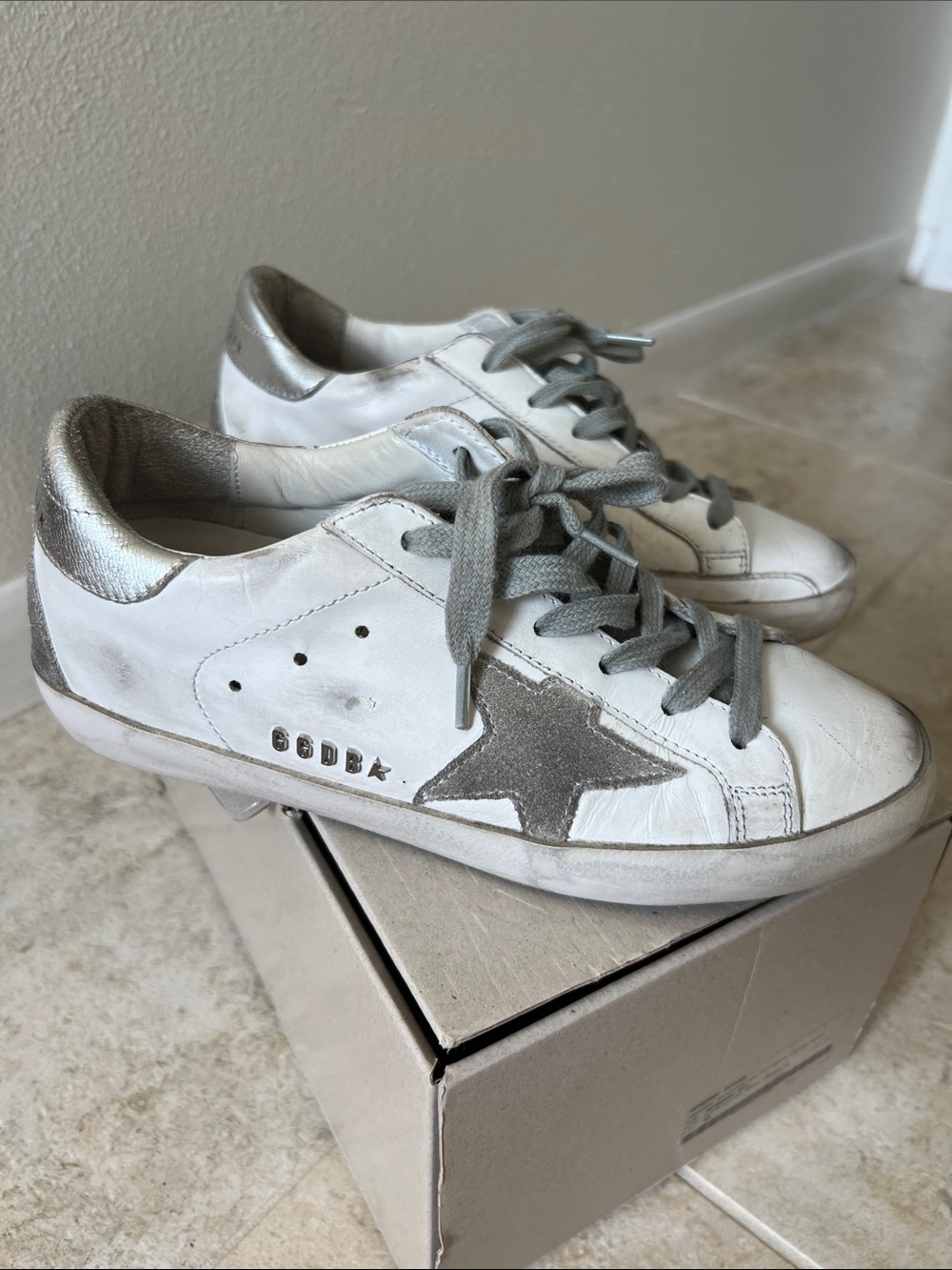 Golden Goose Superstar White Leather Sneakers with Gray Star and Metallic Heel